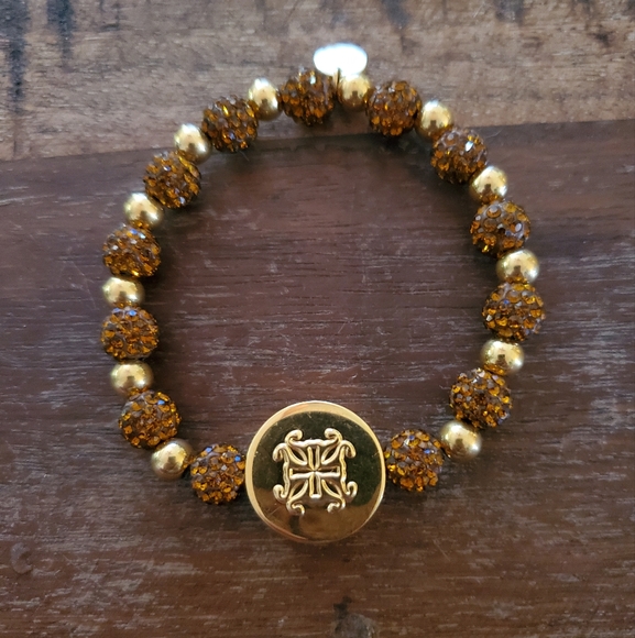 Rustic Cuff Brandi Gold & Gold Beaded Engraved Stretch Bracelet - Picture 1 of 9